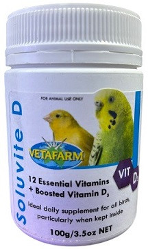 Vetafarm Soluvite D – Complete Multivitamin with Extra D3 for Cage Birds (100g)